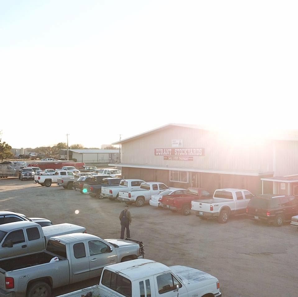 Trucks and trailers parked outside Durant Stockyards early on sale day