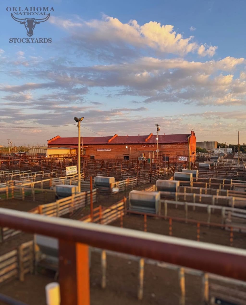 Oklahoma National Stockyards at dusk, pens in the foreground